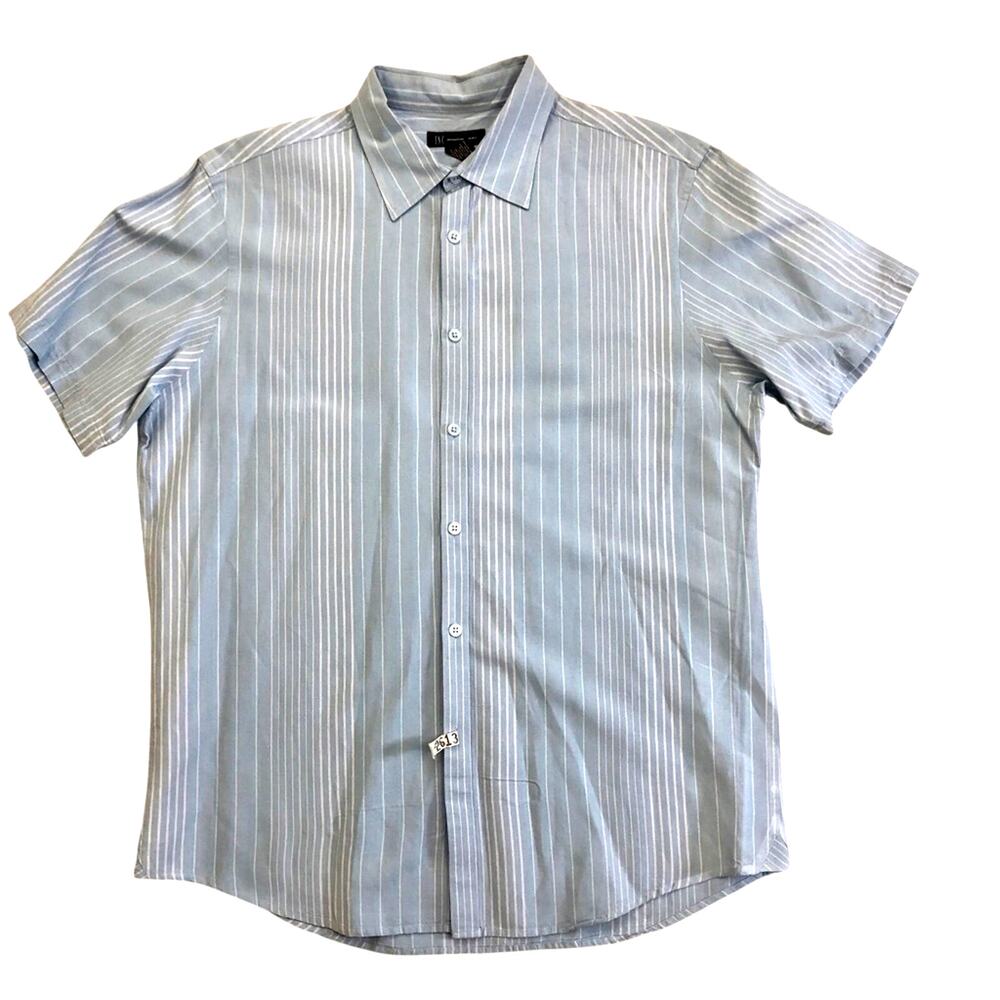 INC International Concepts Light Blue Tan Stripe Short sleeve Button Front Shirt